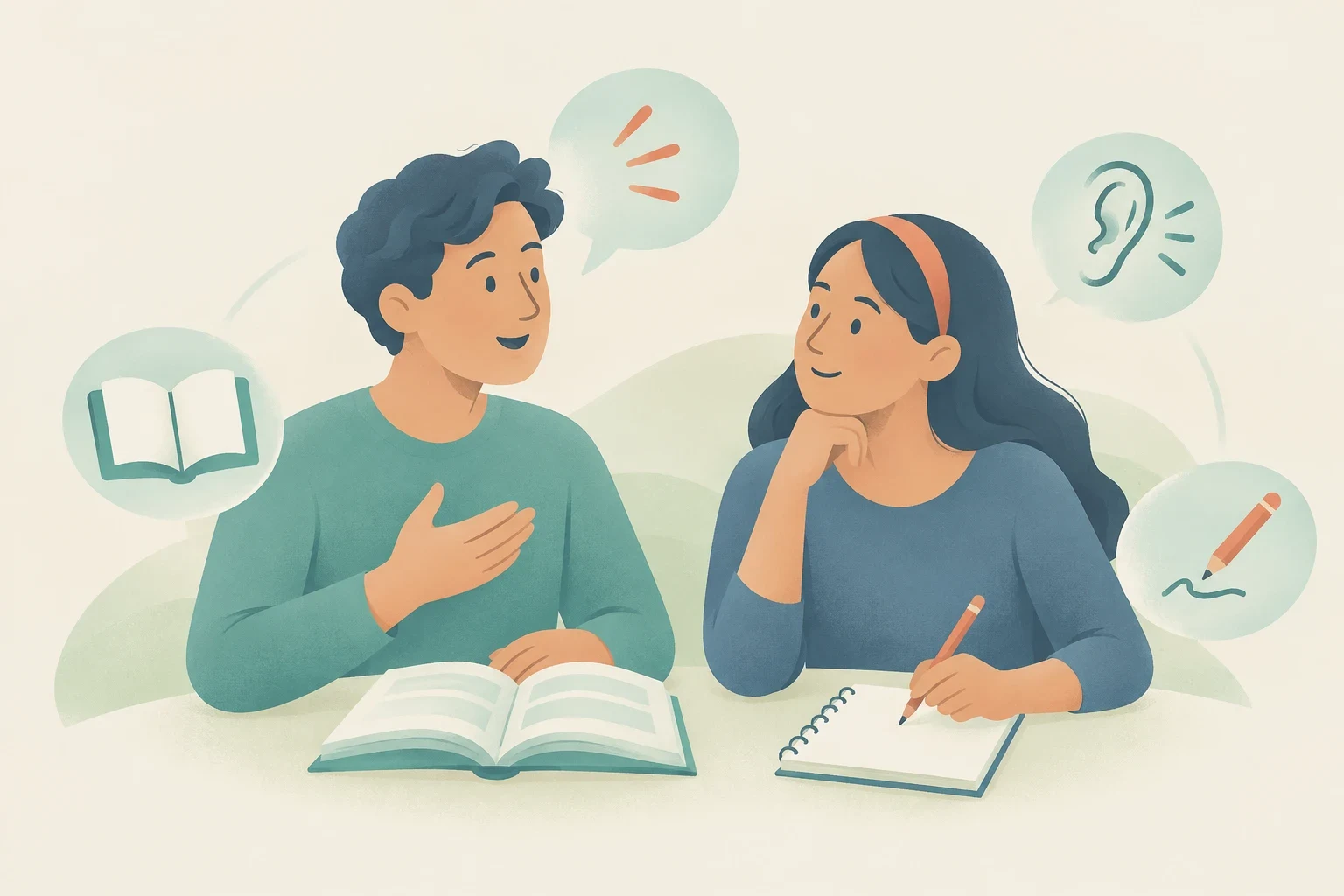 Two students study together at a desk with icons representing the four language skills: reading, speaking, listening, and writing.