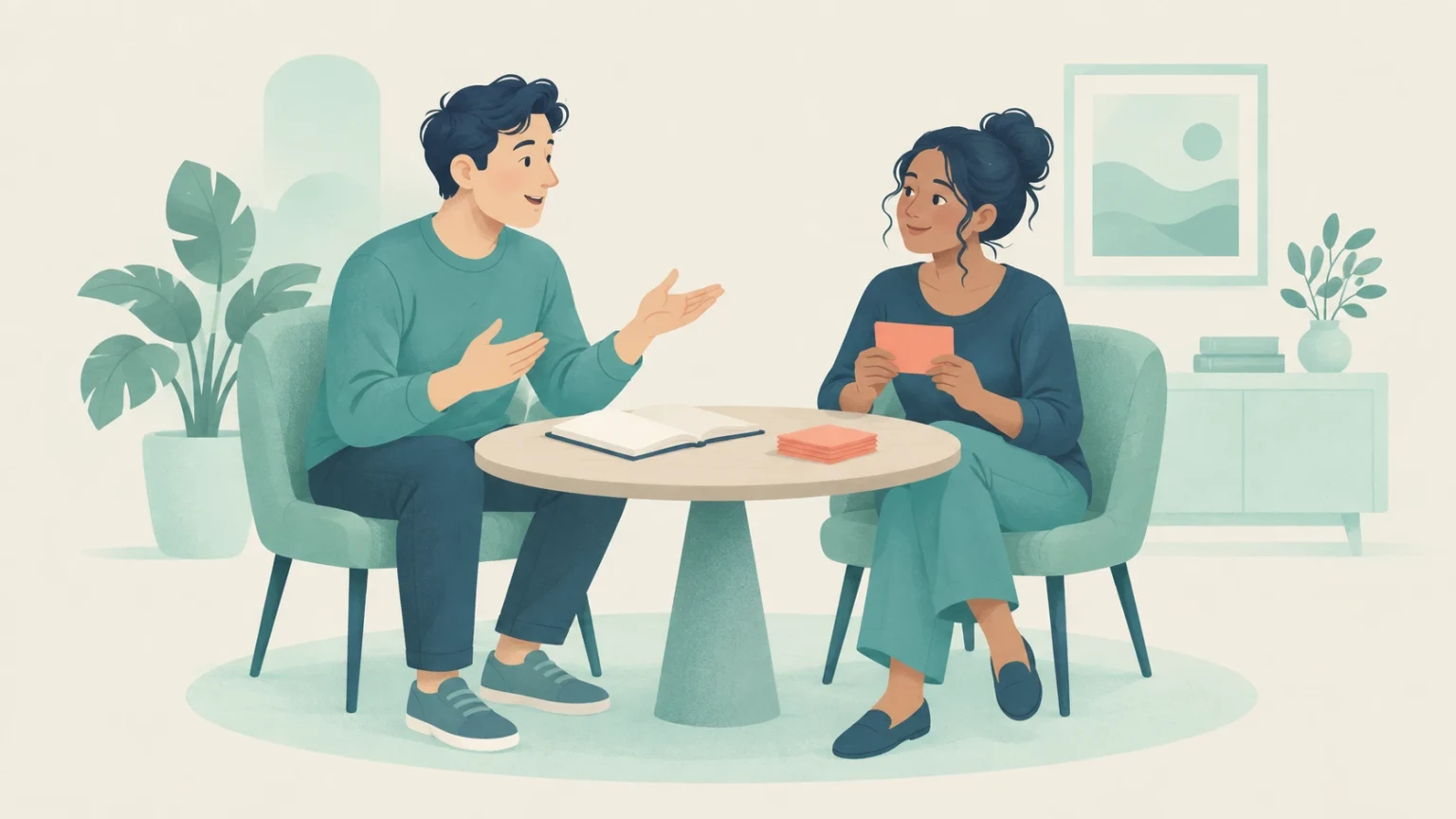 Editorial illustration of a man and a woman sitting at a table practicing speaking English with flashcards.