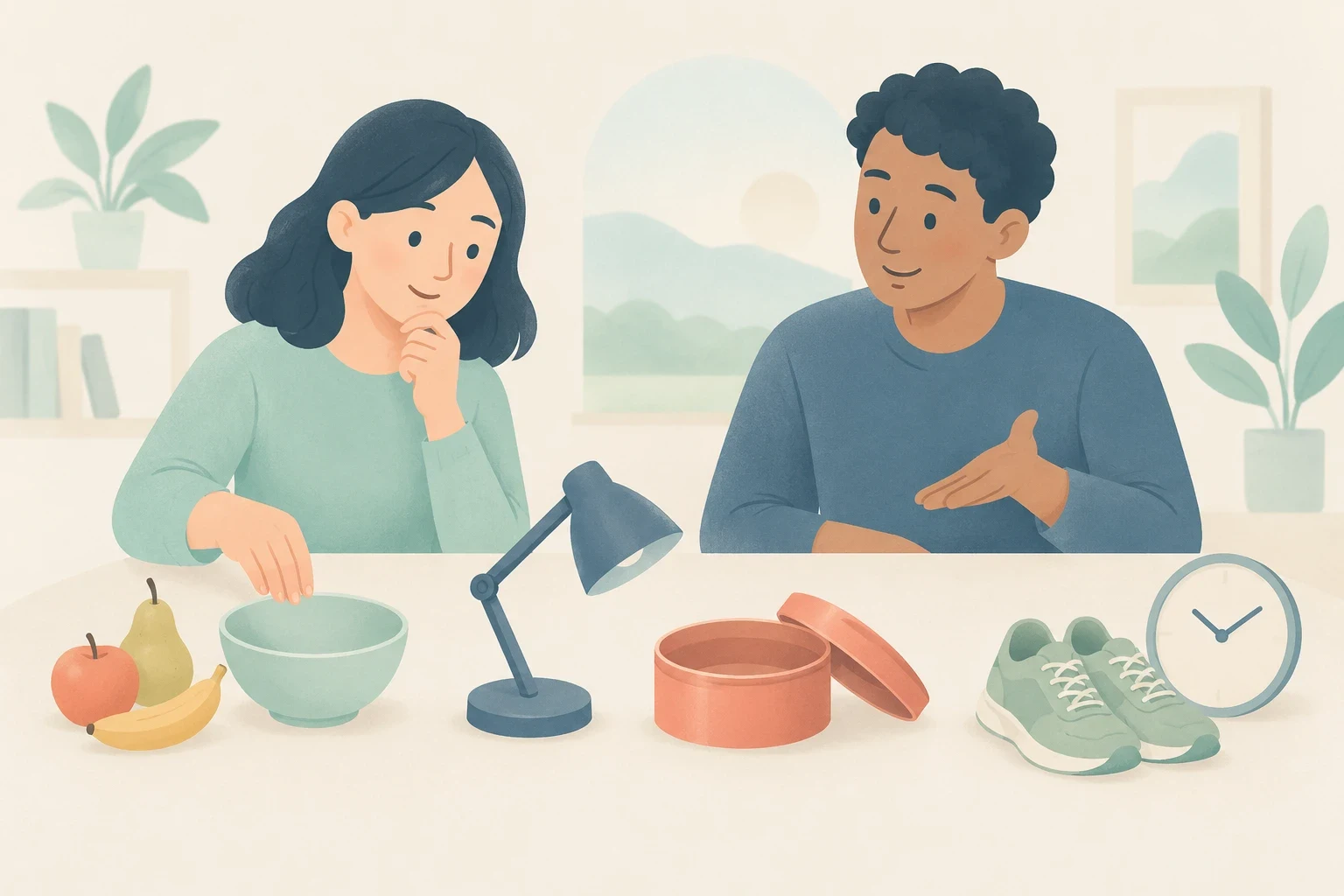 Editorial illustration of a woman and man in conversation at a table with fruit, an empty bowl, a desk lamp, an open container, shoes, and a clock.