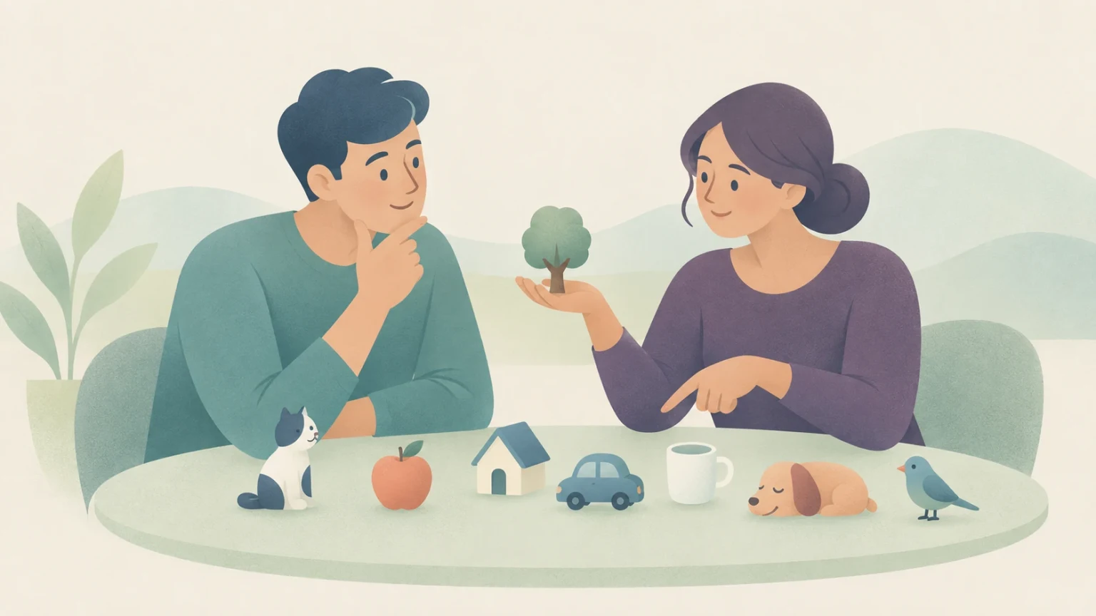 An editorial illustration of a man and woman at a table with miniature objects representing vocabulary words like a tree, house, apple, and animals.