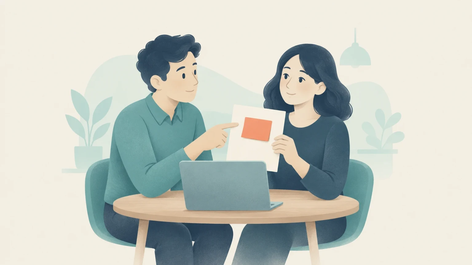 Two colleagues at a table with a laptop, one pointing to an orange note on a document held by the other.