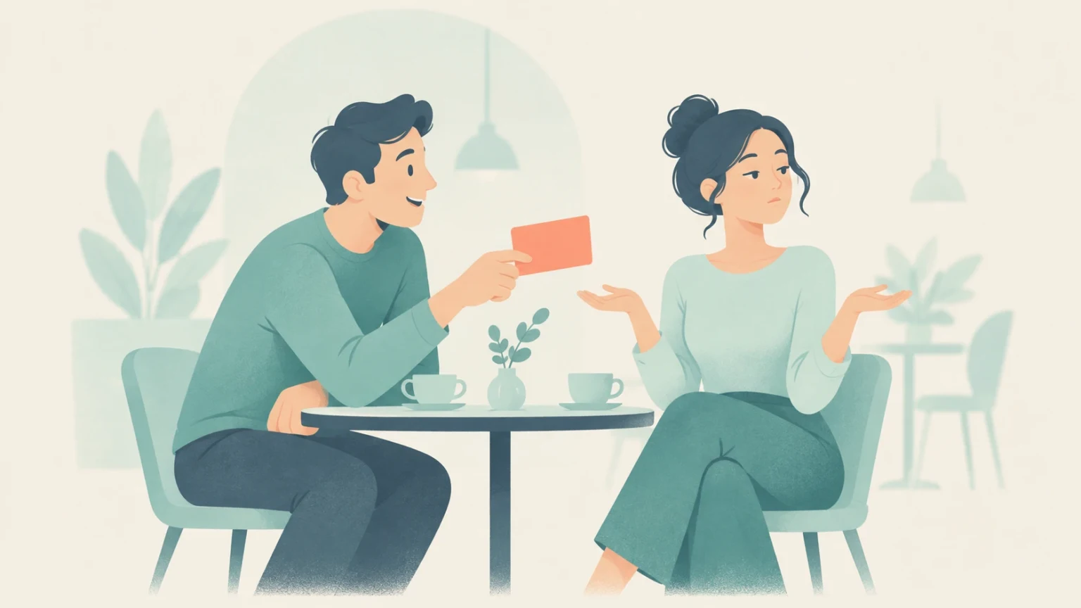 A woman shrugs with an indifferent expression at a cafe table while a man offers her a card.