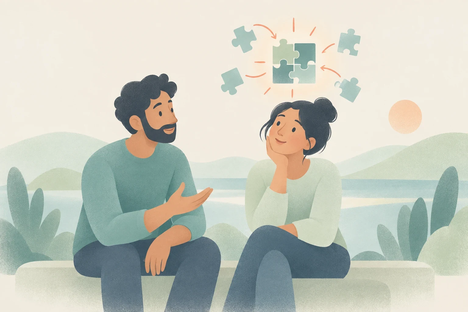 A woman smiles thoughtfully as floating puzzle pieces assemble and radiate light above her head while a man speaks to her outdoors.