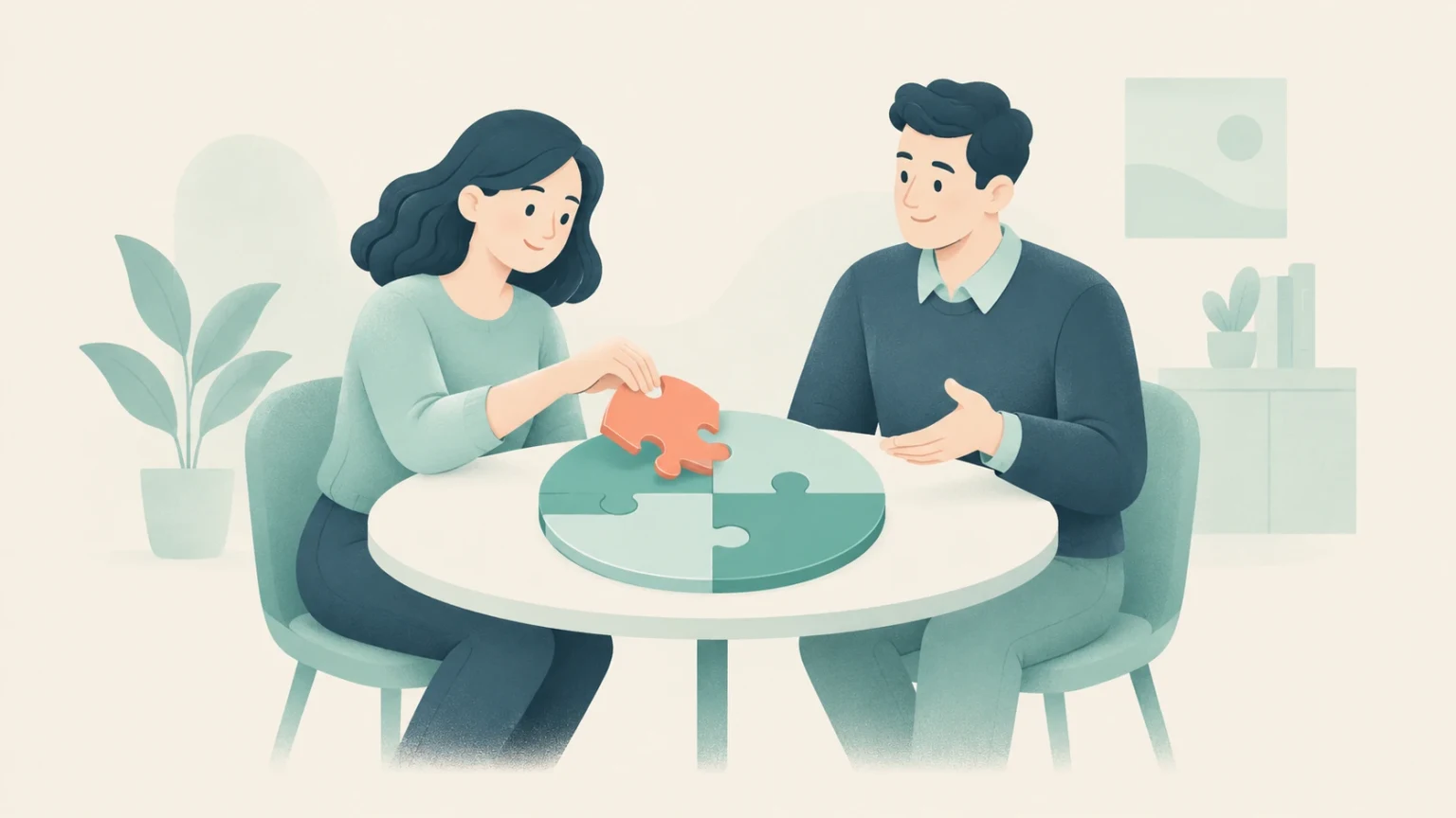 A man and a woman sit at a round table in an office, collaborating to place the final interlocking piece into a circular puzzle.