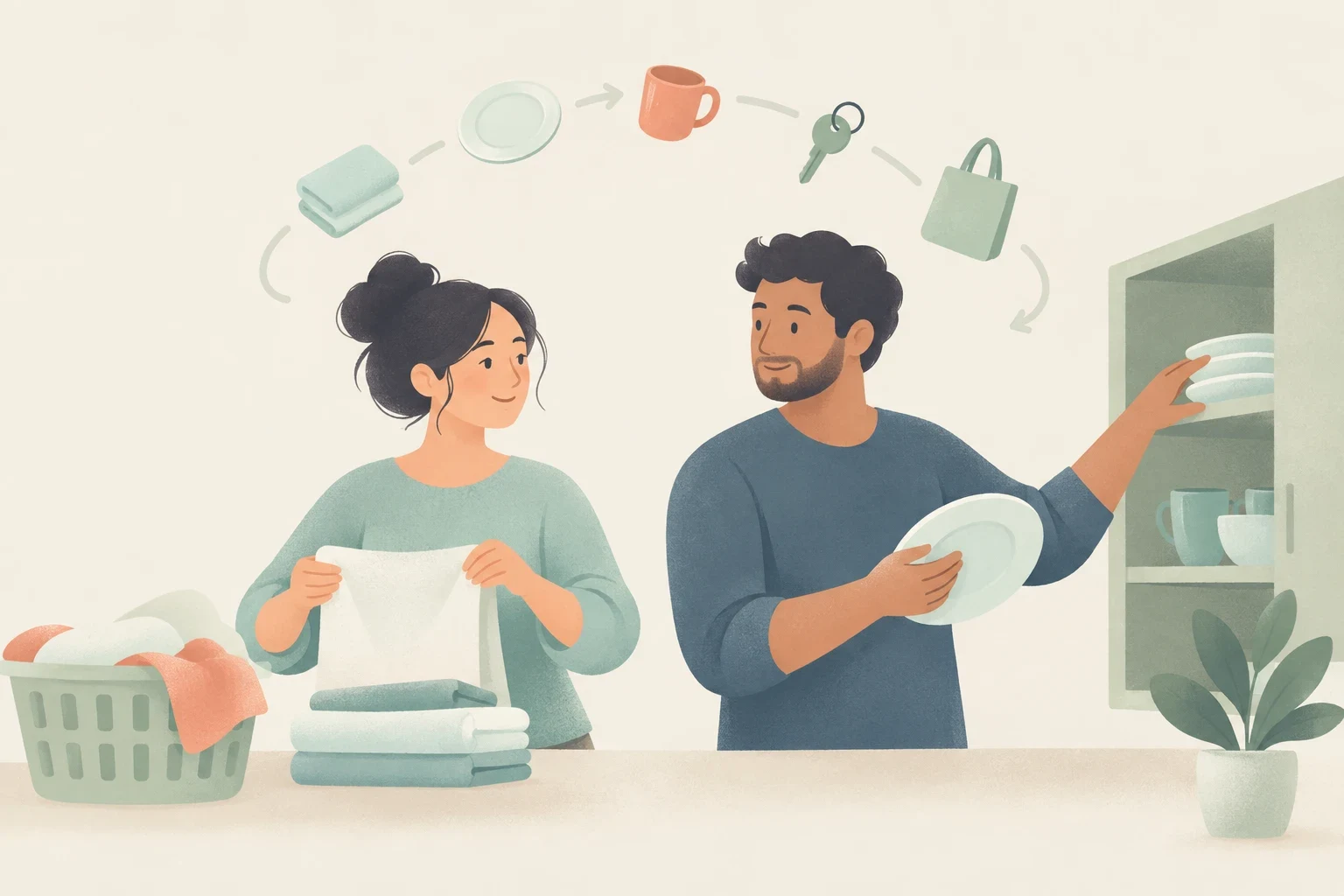 Editorial illustration of a woman folding laundry and a man putting away clean dishes, surrounded by icons of routine daily household tasks.