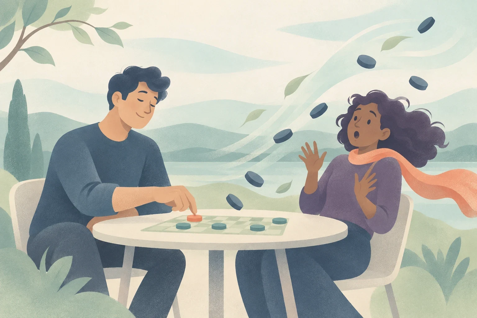 A calm man moves a board game piece while a surprised woman watches, with wind sweeping other pieces and leaves into the air.