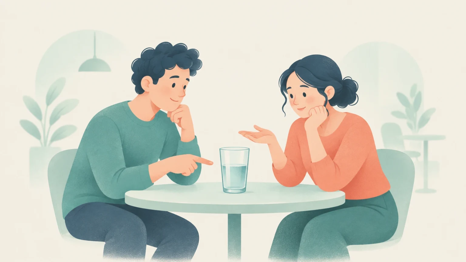 A man and a woman sitting at a table discussing a glass of water filled halfway.