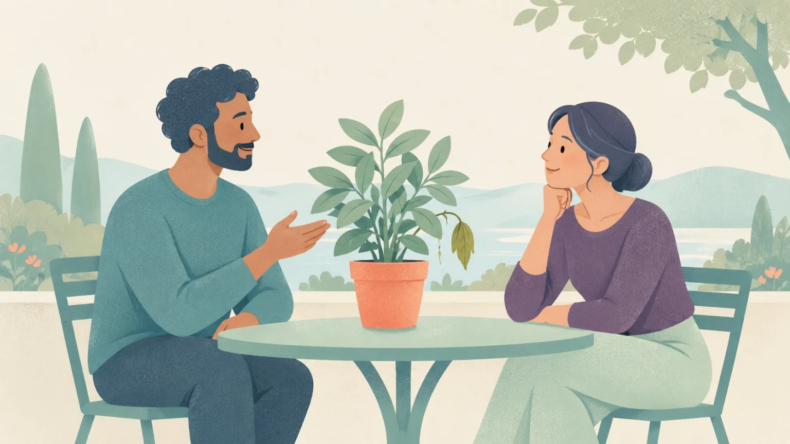 Editorial illustration of a man and a woman sitting at an outdoor table with a potted plant that is healthy except for a single wilted leaf.