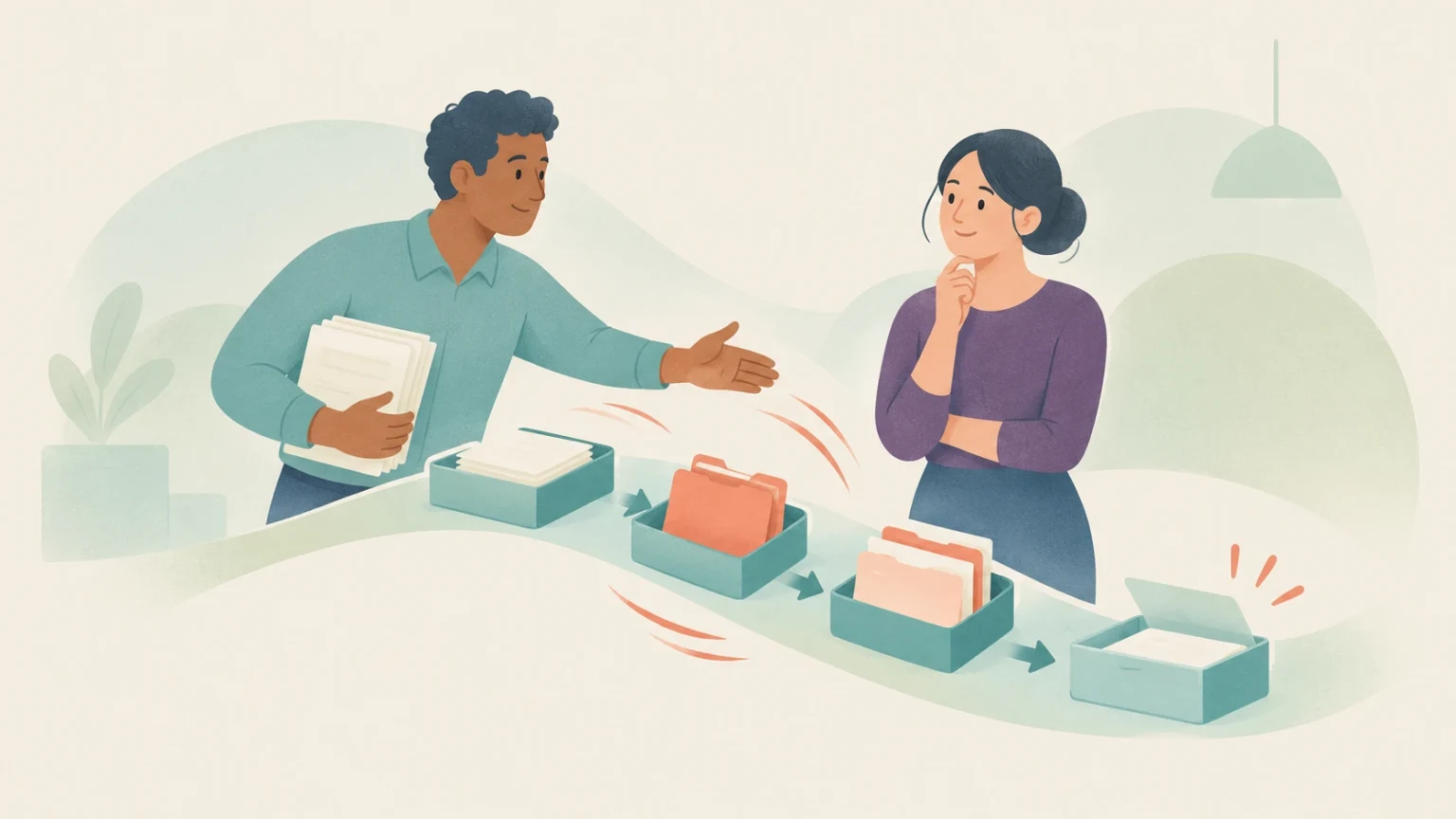 Editorial illustration of a man guiding documents through a multi-step workflow while a woman observes.