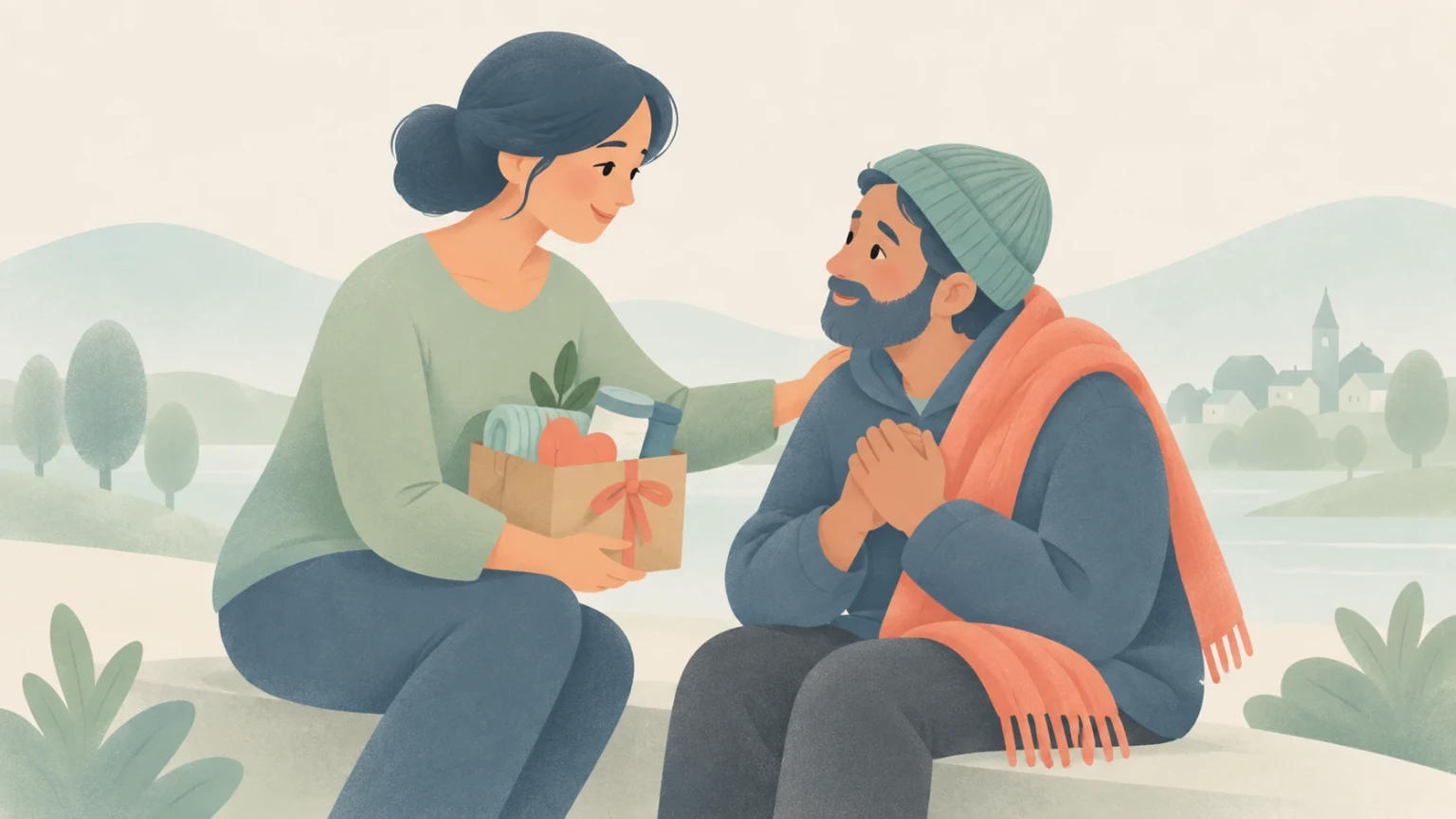 An editorial illustration of a woman presenting a care package to a seated man wearing a knit beanie and scarf.