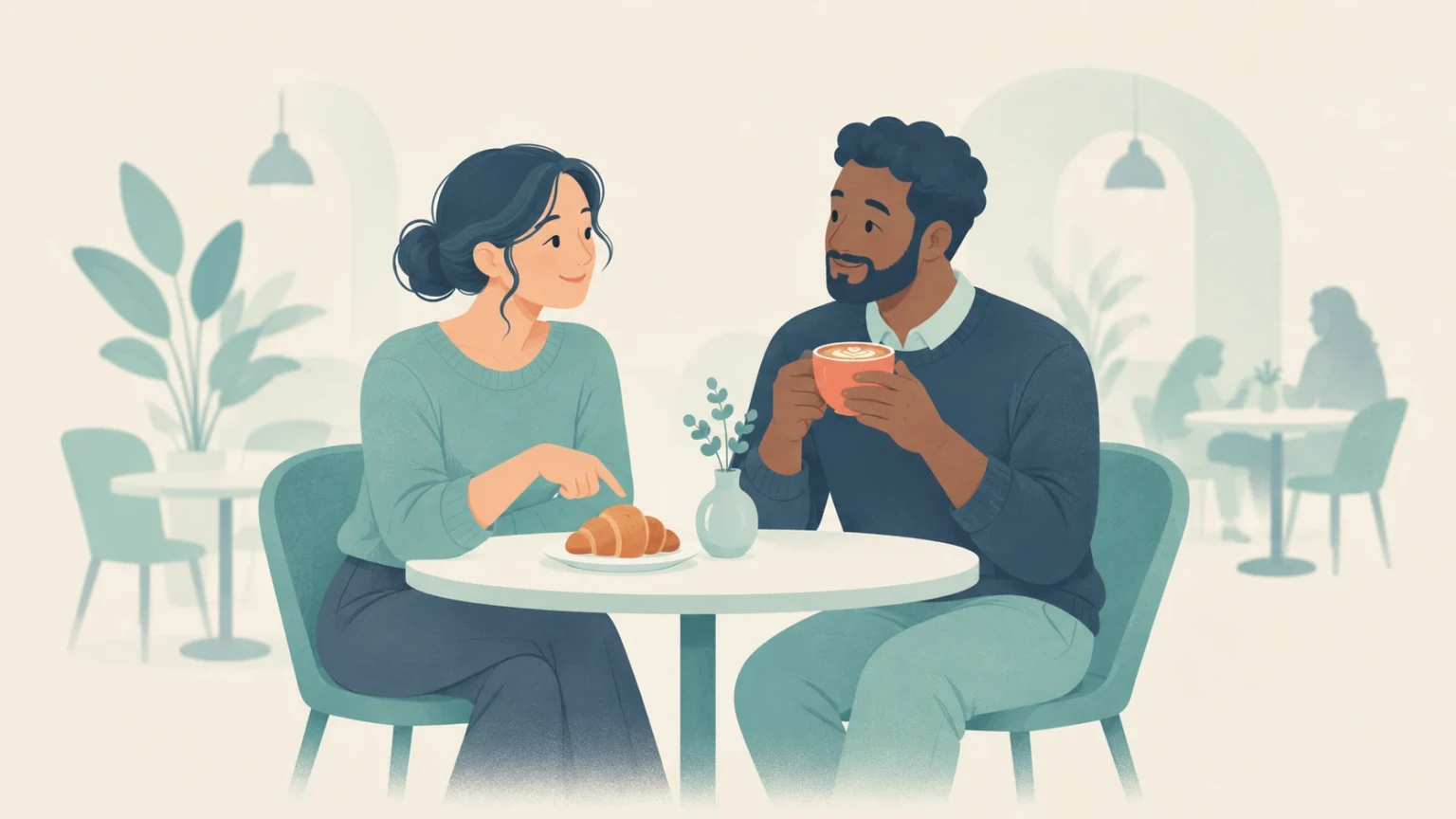 A woman and a man sit at a round café table with a cup of coffee and a croissant.