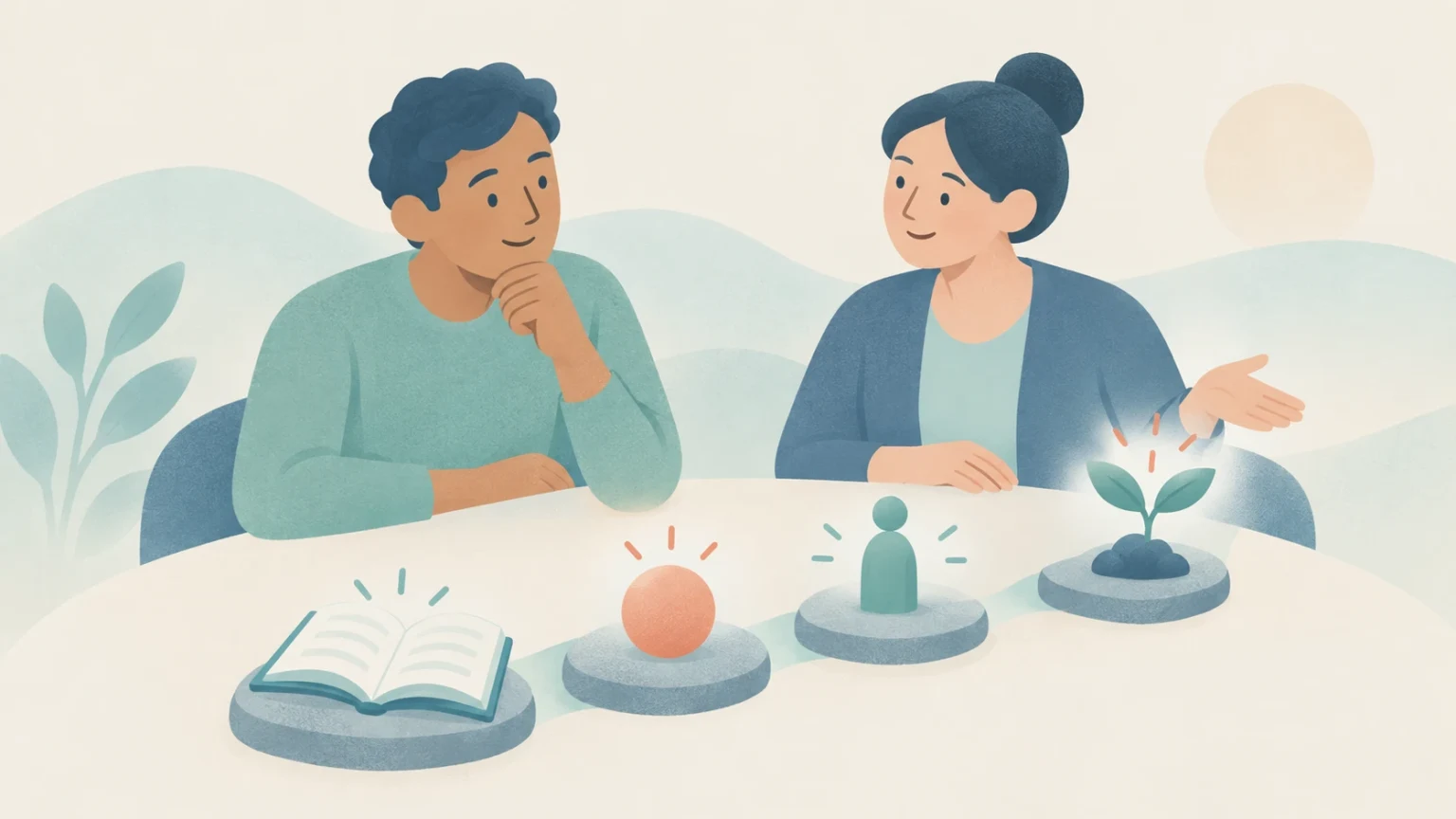 Two adult learners sit at a table reviewing four illustrated learning milestones: an open book, a sphere, a figure icon, and a growing sprout.