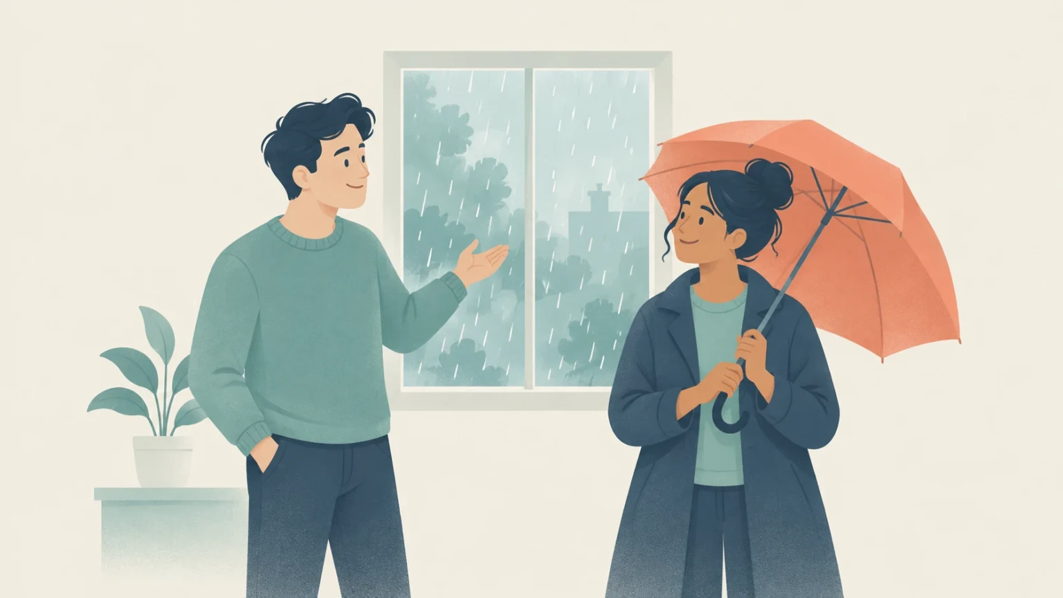 A man gestures toward a rainy window as a woman stands beside him holding an open orange umbrella.