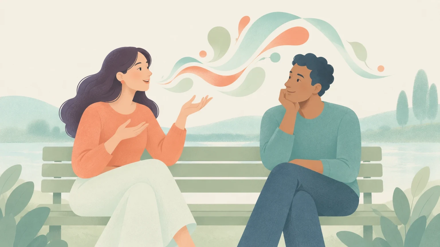 An editorial illustration of a woman speaking on a park bench with flowing colorful swirls emanating from her mouth as a man listens attentively.