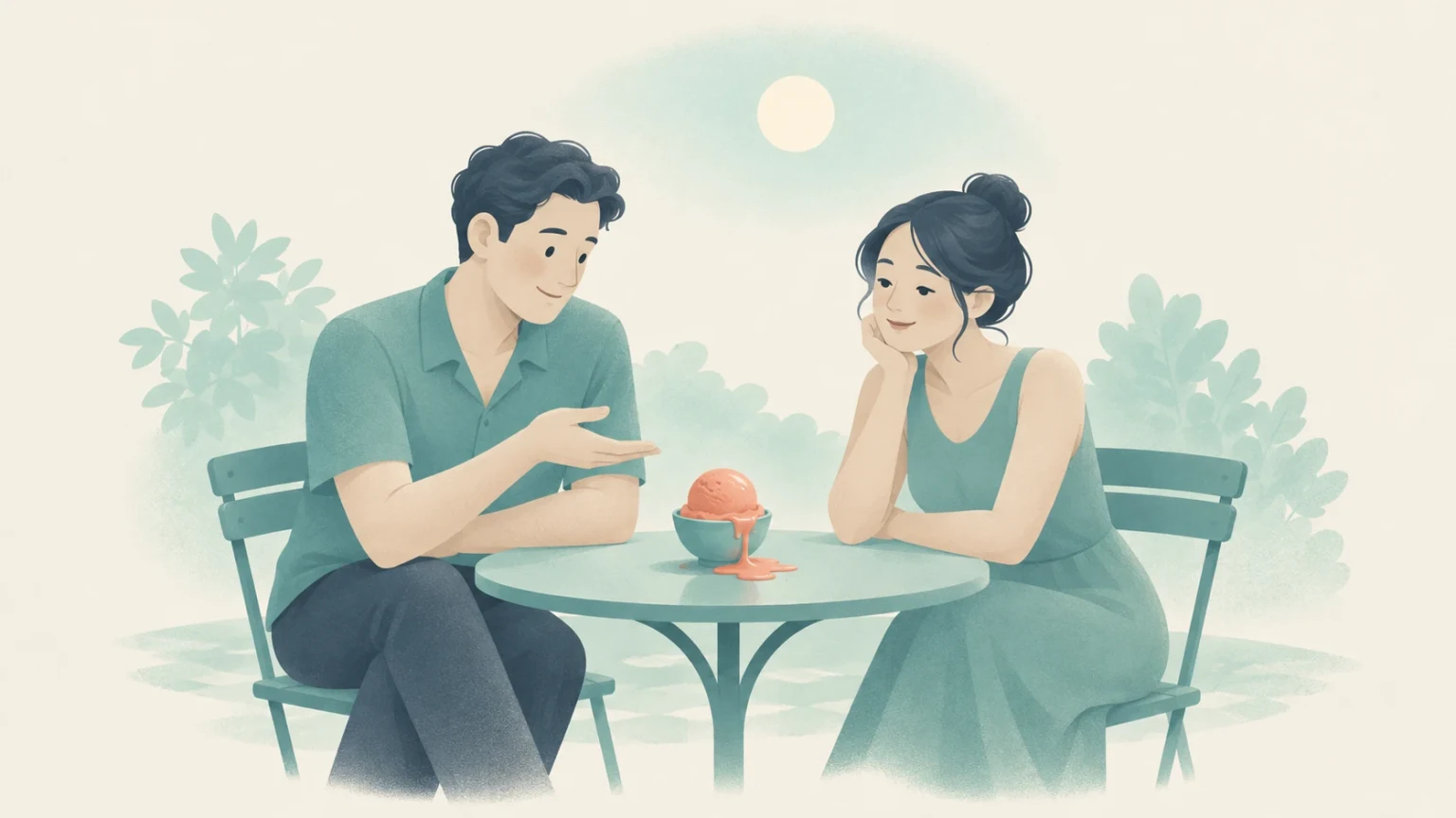 A man and a woman sit at an outdoor table under the sun, watching a scoop of ice cream melt in a bowl.
