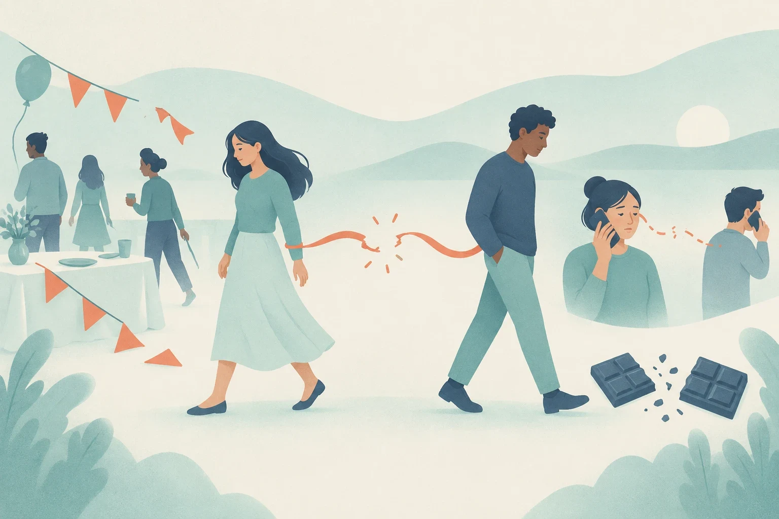 Editorial illustration showing four meanings of break up: a couple parting, a gathering ending, broken phone audio waves, and a chocolate bar split in two.