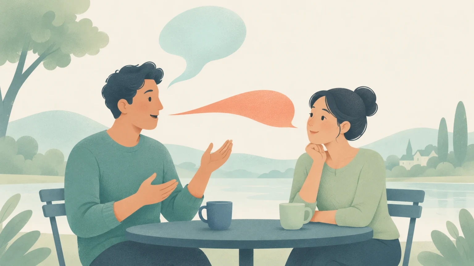 An editorial illustration of a man speaking across an outdoor table to an attentive woman with coffee cups between them.