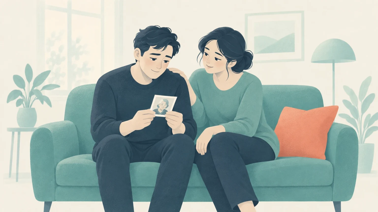 A man and a woman sit together on a sofa, looking tenderly at an old photograph of an elderly relative.