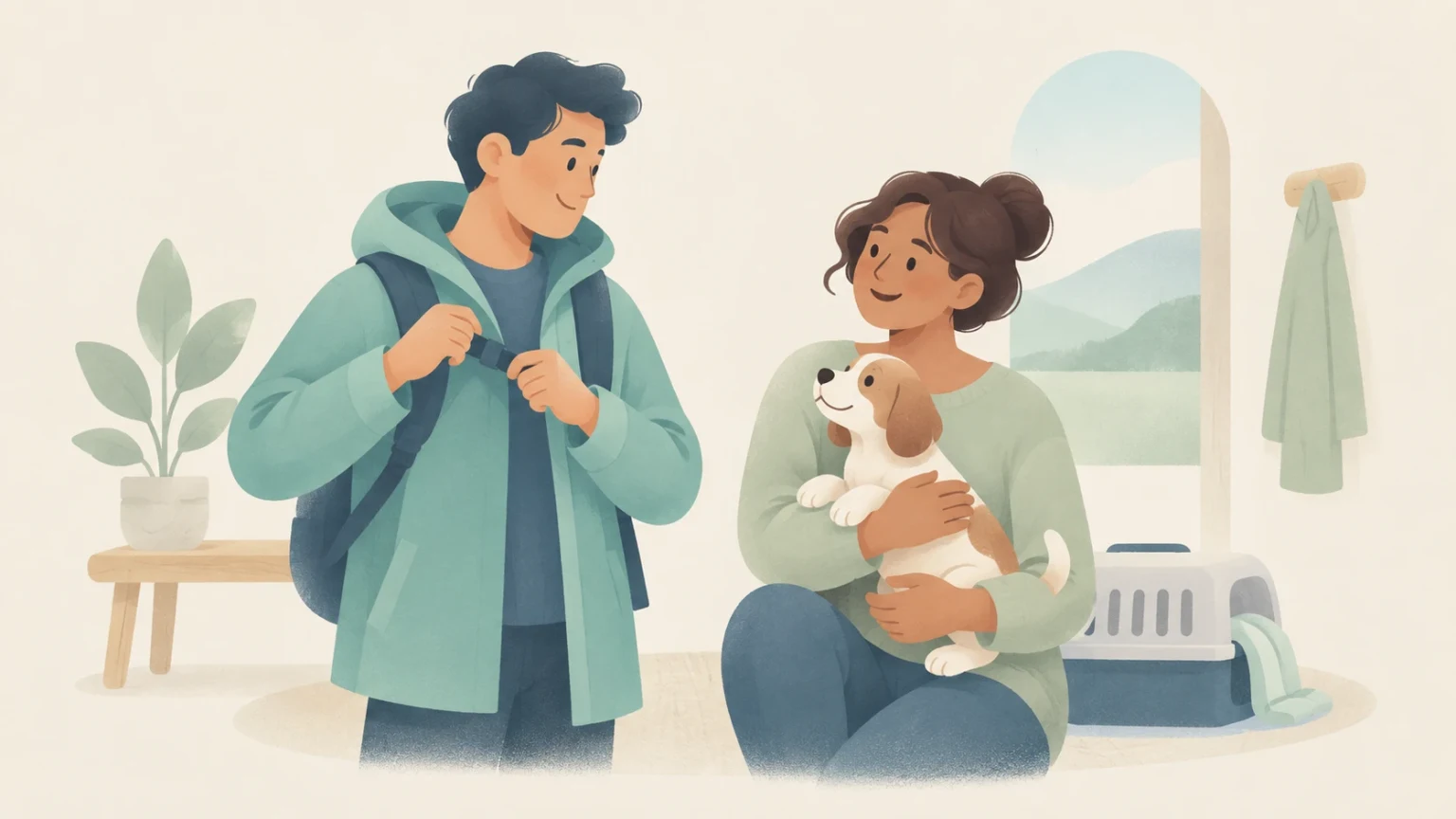An editorial illustration of a man adjusting his backpack straps while a woman kneels beside a pet carrier holding an adopted puppy.