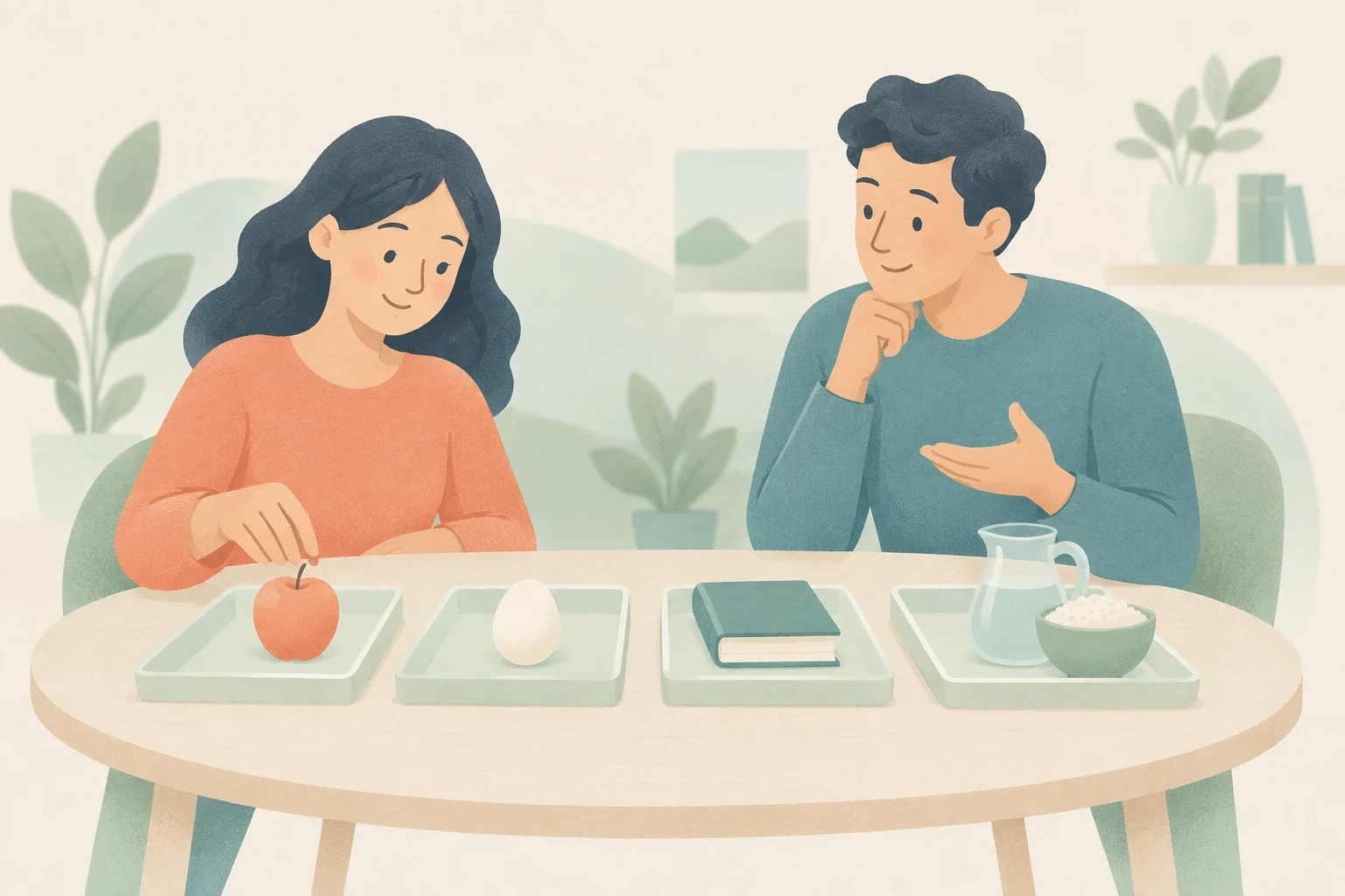 An editorial illustration of a woman and a man seated at a table discussing items on trays: an apple, an egg, a closed book, and a pitcher of water next to a bowl.