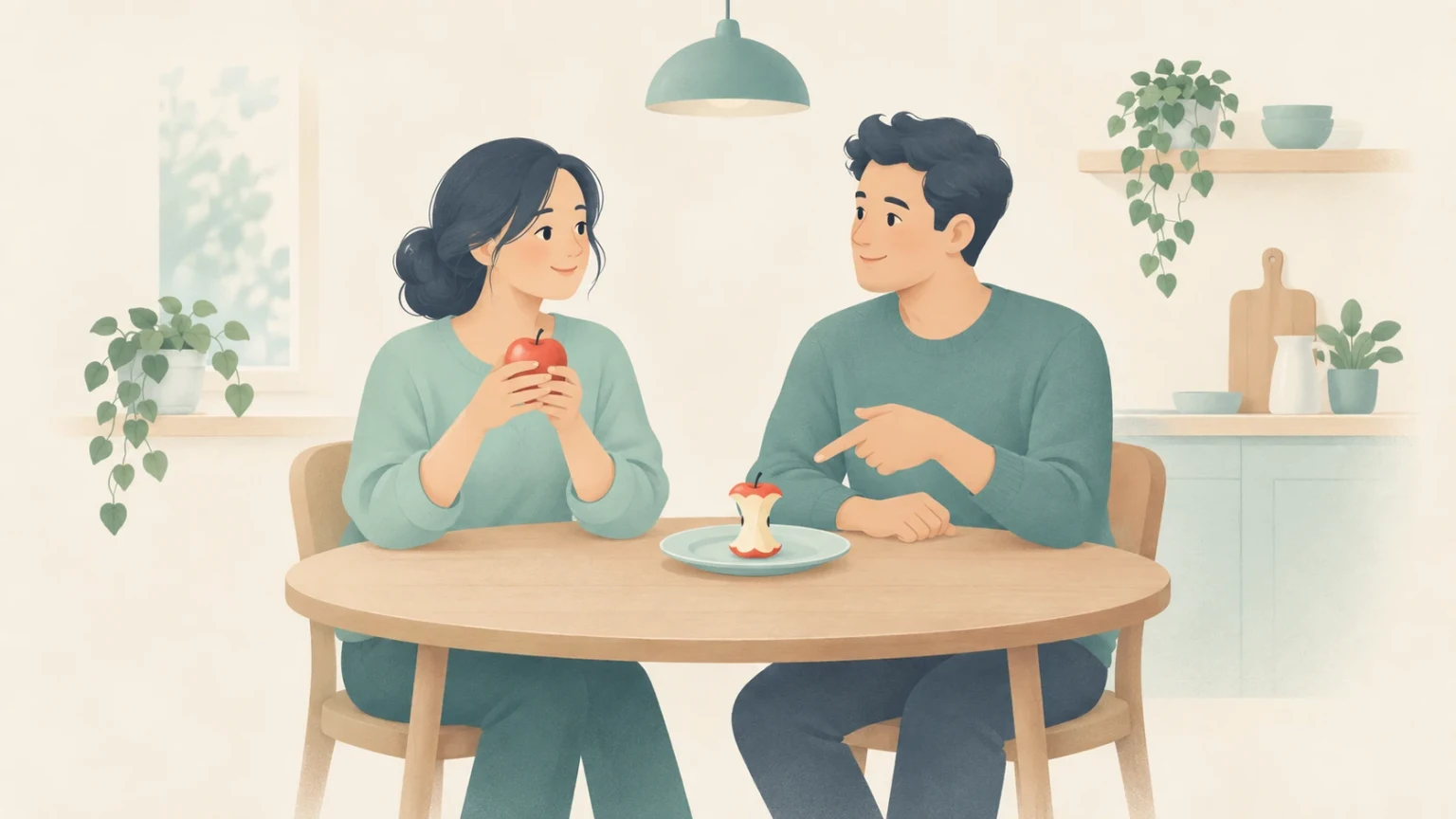 A woman holding a whole red apple and a man pointing at an eaten apple core on a plate between them at a dining table.