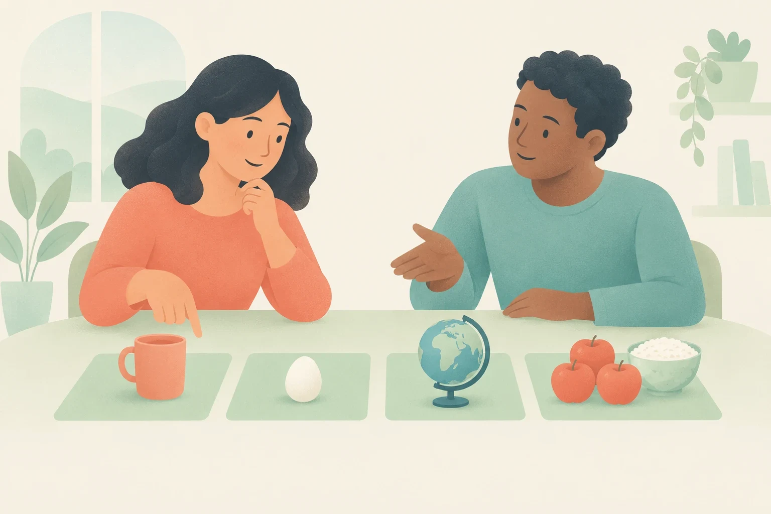 An editorial illustration of two people at a table discussing items representing English articles: a mug, an egg, a globe, and apples with rice.