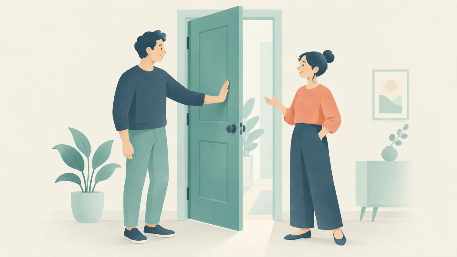 An editorial illustration of a man pushing open a teal door into a brightly lit room as a woman warmly gestures to welcome him.