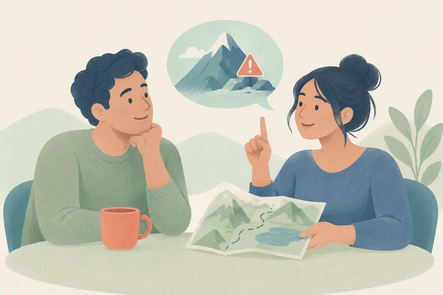 A woman raises a finger to explain a caveat while discussing a map with a man at a table, beneath a speech bubble showing a mountain warning.