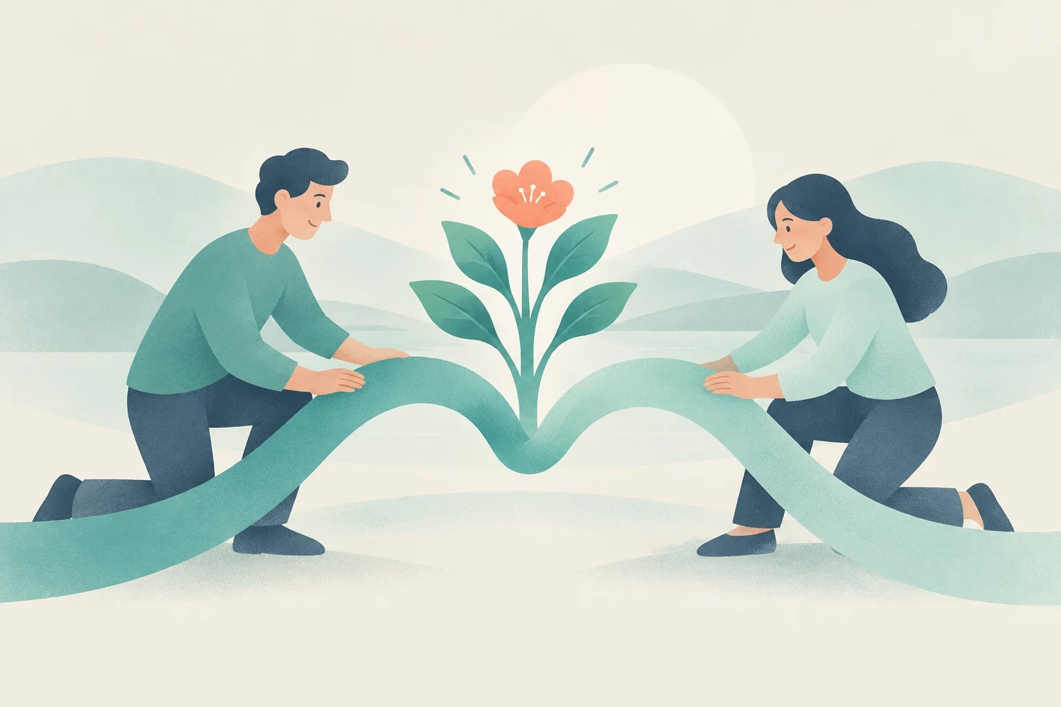 Two people kneel and guide two flowing teal ribbons together in the center, causing a vibrant flower to bloom.