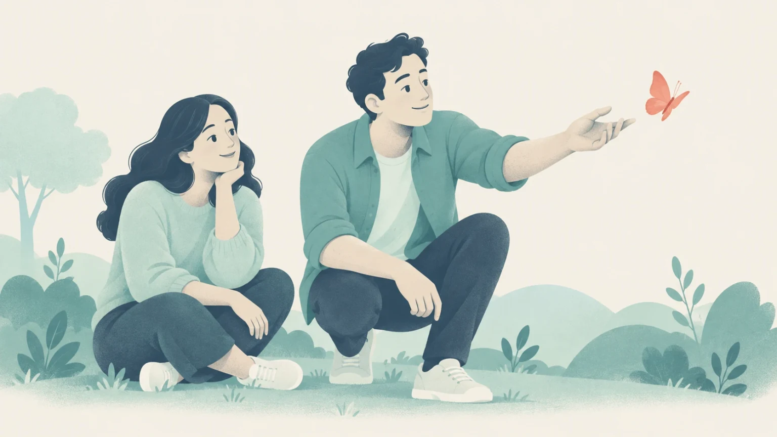 Editorial illustration of a man crouching and reaching out toward a fluttering orange butterfly while a woman sits beside him watching.