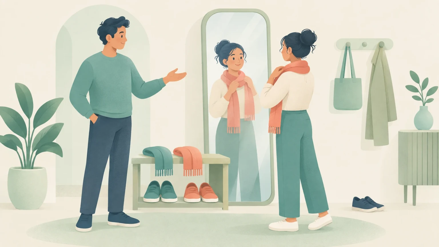 A woman adjusts her scarf while looking at her reflection in a full-length mirror as a man talks to her in an entryway.