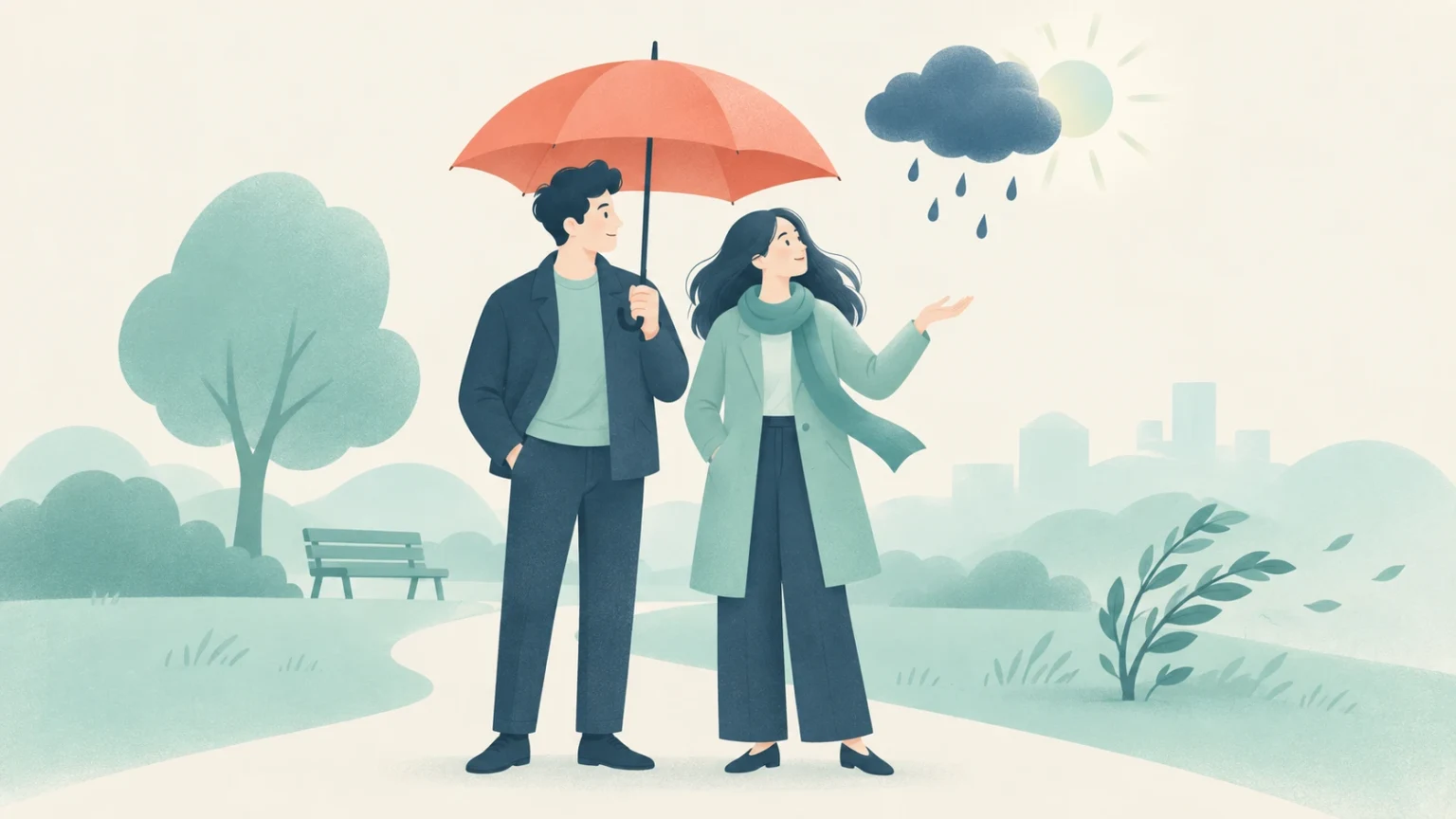 An editorial illustration of a man and woman under an umbrella in a park, observing an isolated rain cloud beside the bright sun.