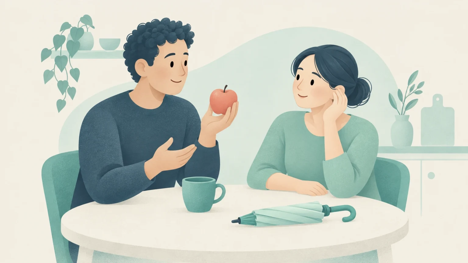 An editorial illustration of a man and woman seated at a round table; the man speaks while holding an apple, with a mug and an umbrella resting on the table.