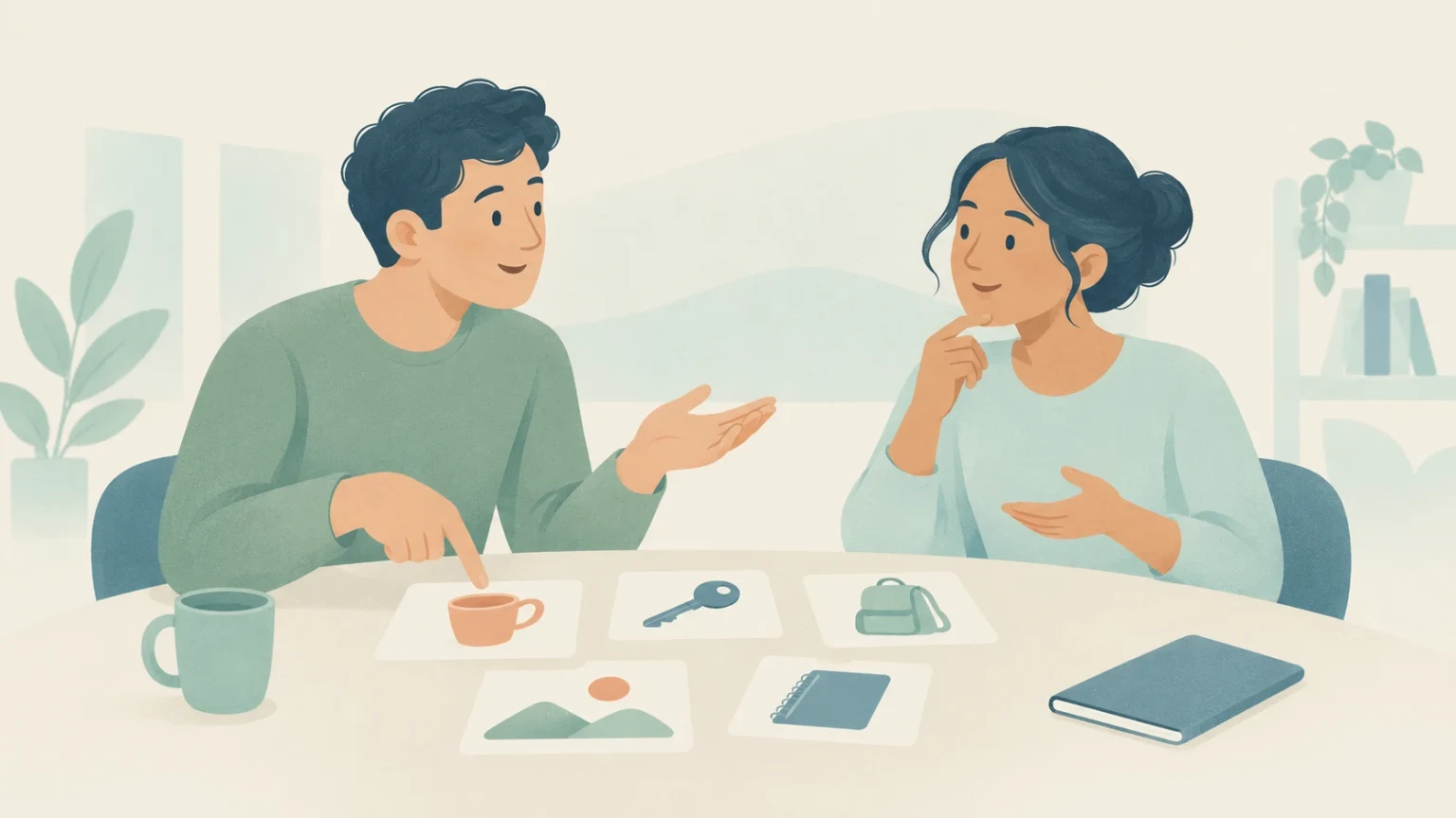 A man and a woman sit at a table practicing an English speaking activity using illustrated prompt cards.