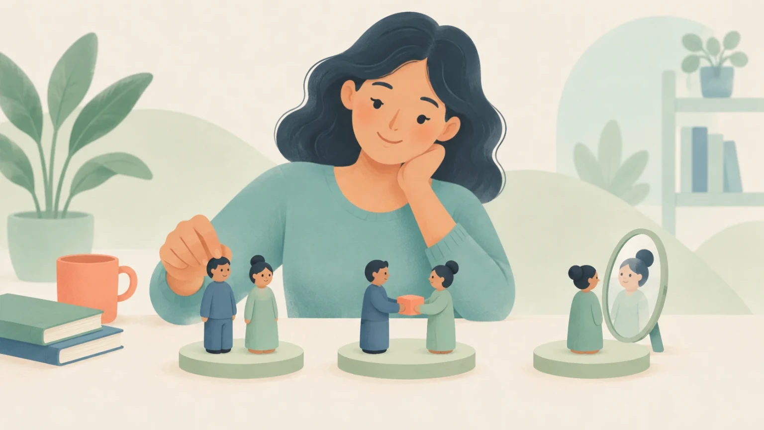 An editorial illustration of a woman at a desk observing three sets of figurines illustrating the grammatical roles of name and I, name and me, and myself.