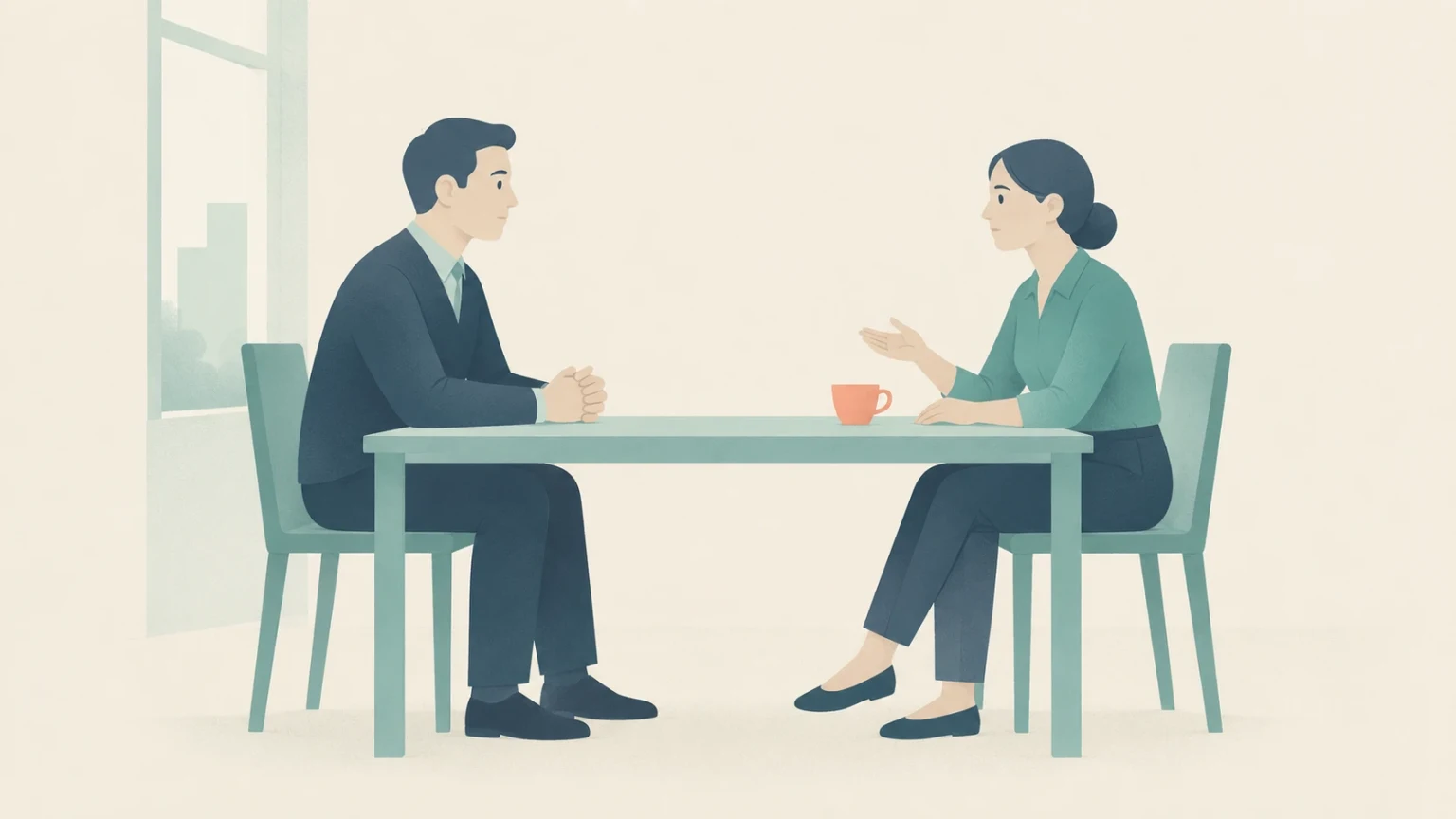 A man in a suit and a woman in a green shirt converse across a bare table in a minimalist office.