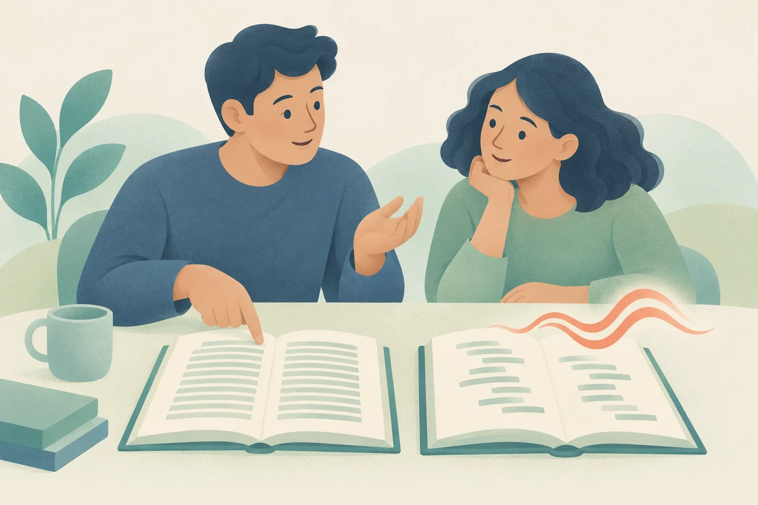 An editorial illustration of two people at a table comparing an open book of prose and an open book of poetry.
