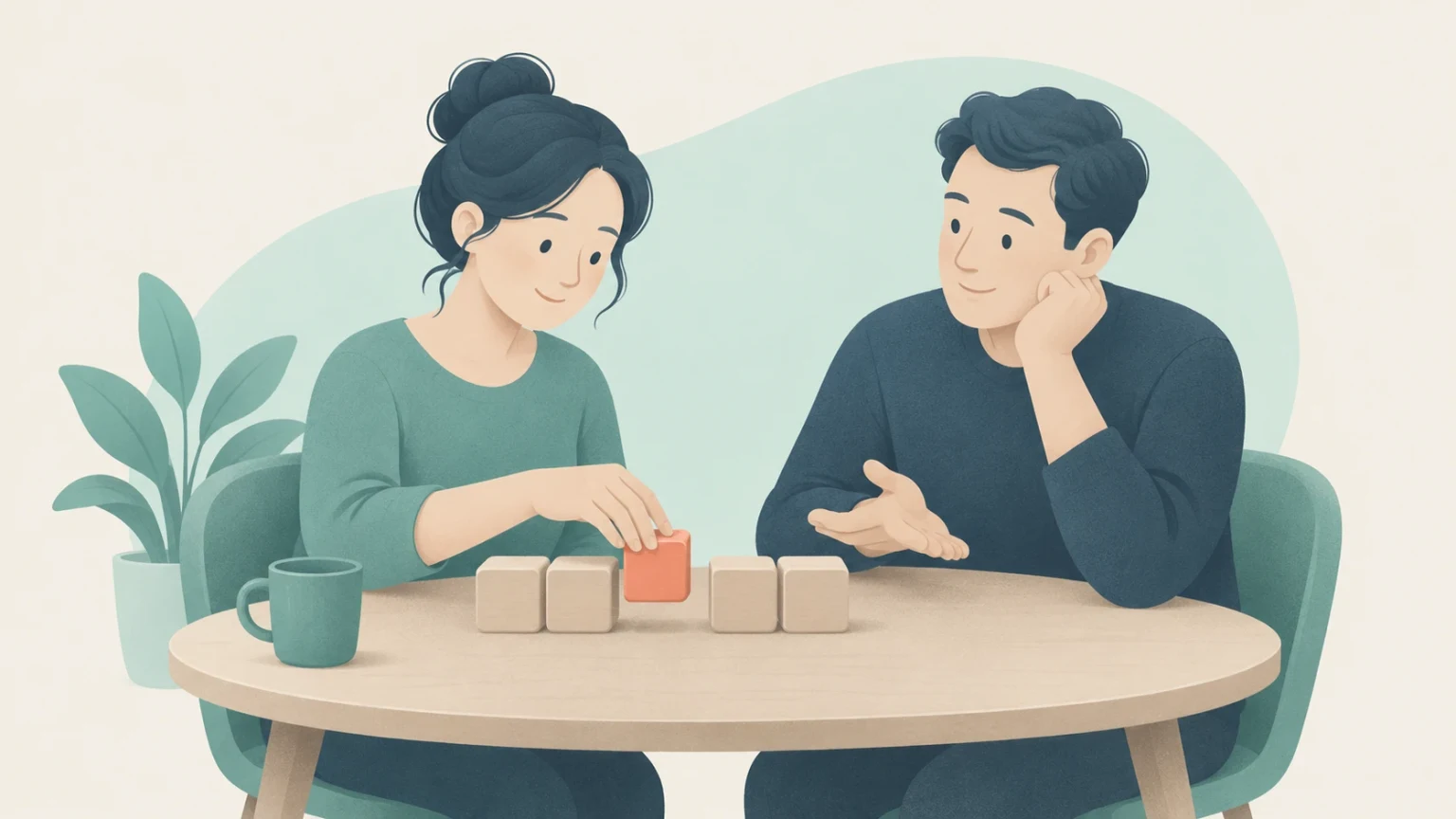 Editorial illustration of a man and a woman sitting at a round wooden table having a conversation while arranging blocks.