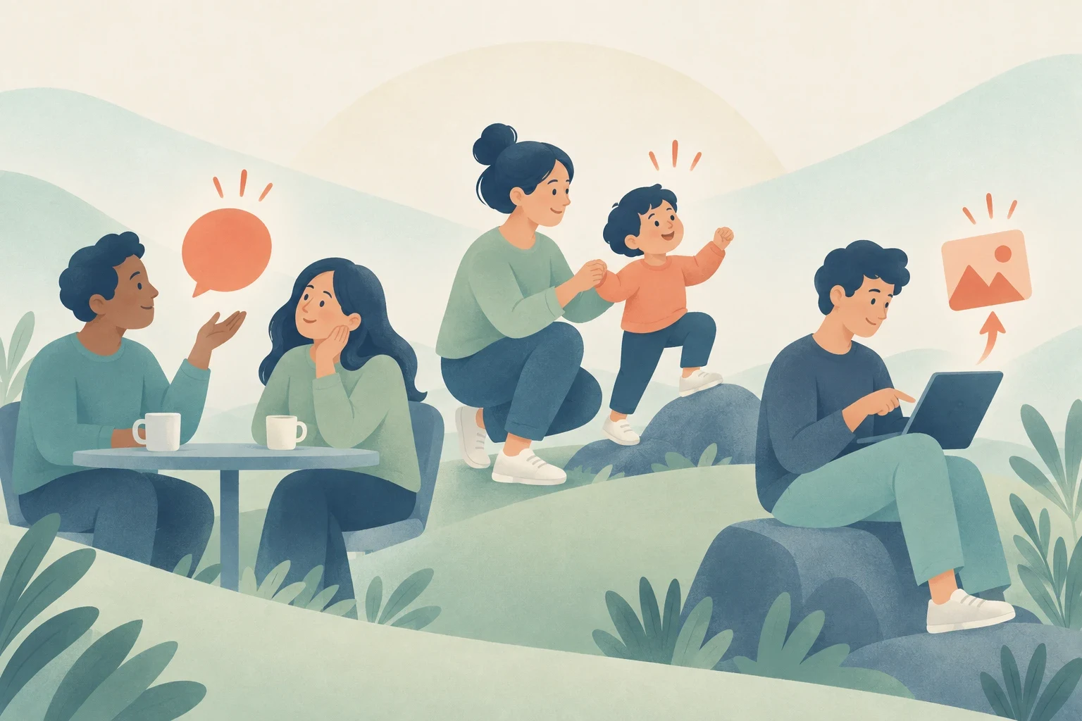 An editorial illustration depicting three meanings of 'bring up': two people conversing at a cafe table, a mother guiding a toddler, and a man viewing an image on a laptop.
