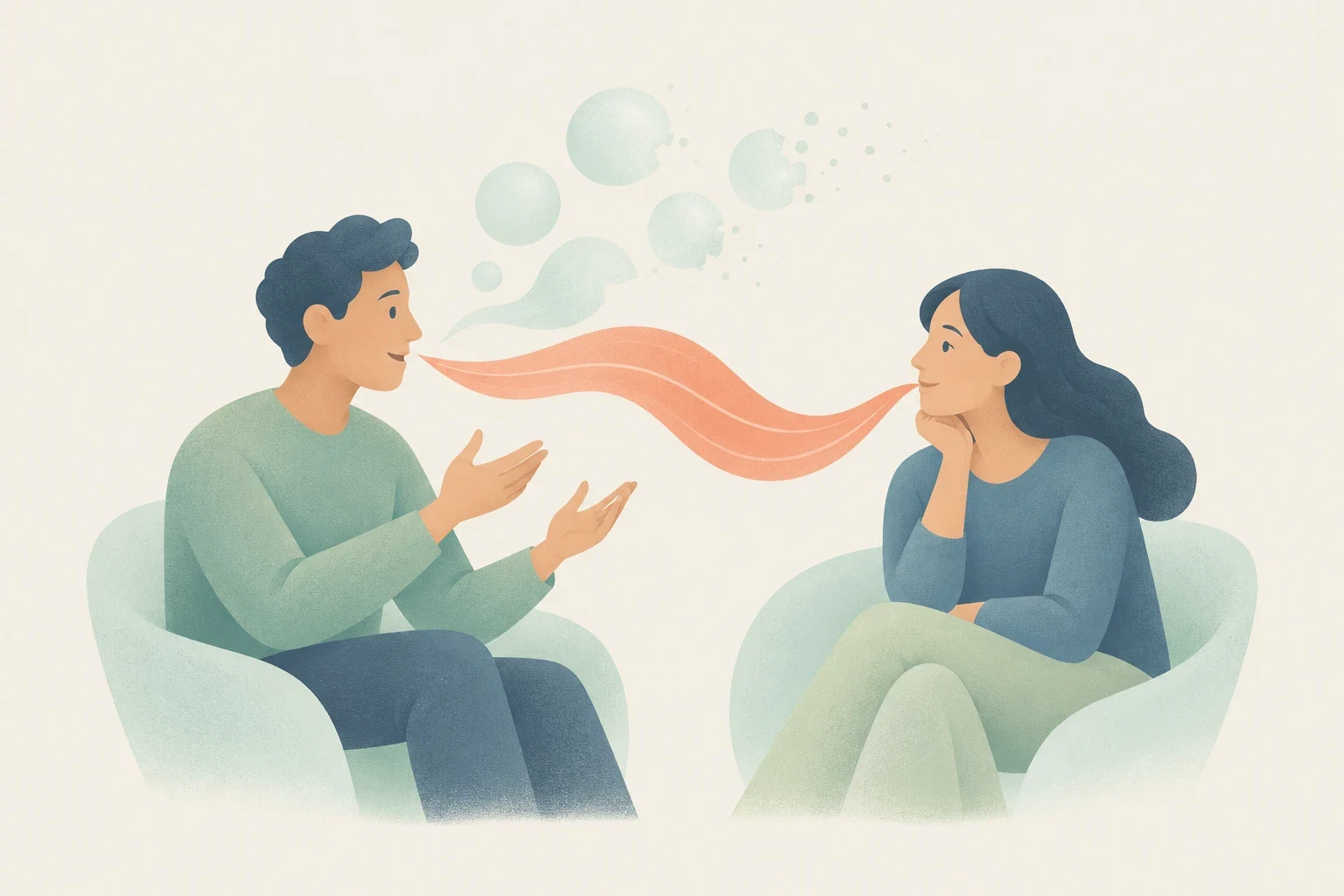 Editorial illustration of a man speaking from an armchair while speech flows as a ribbon and dissolving bubbles toward an attentive woman.