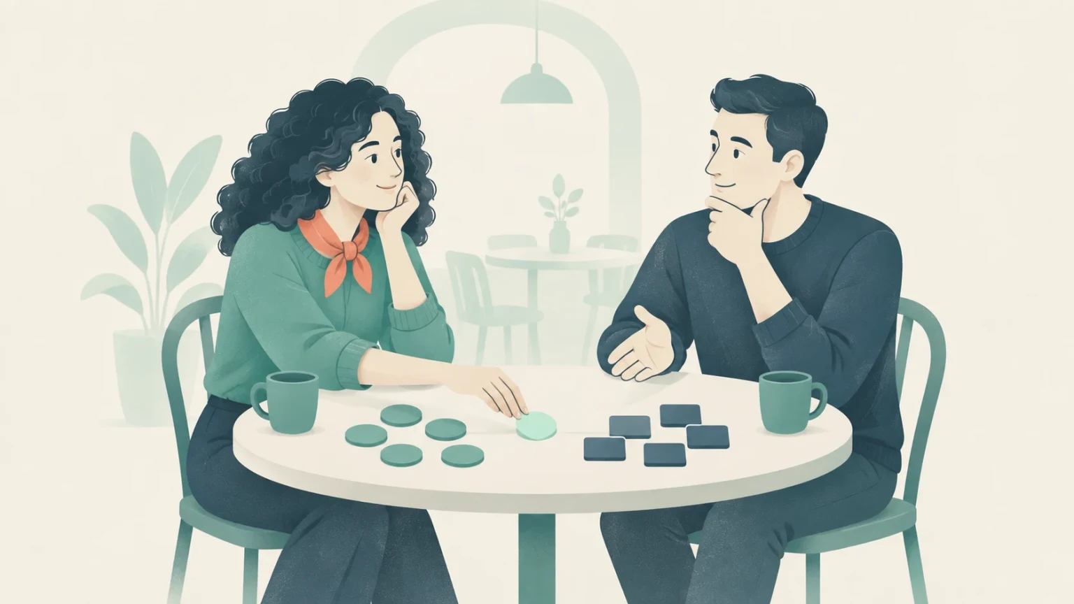 A woman and a man sit across from each other at a cafe table, thoughtfully discussing circular and square tokens placed between them.