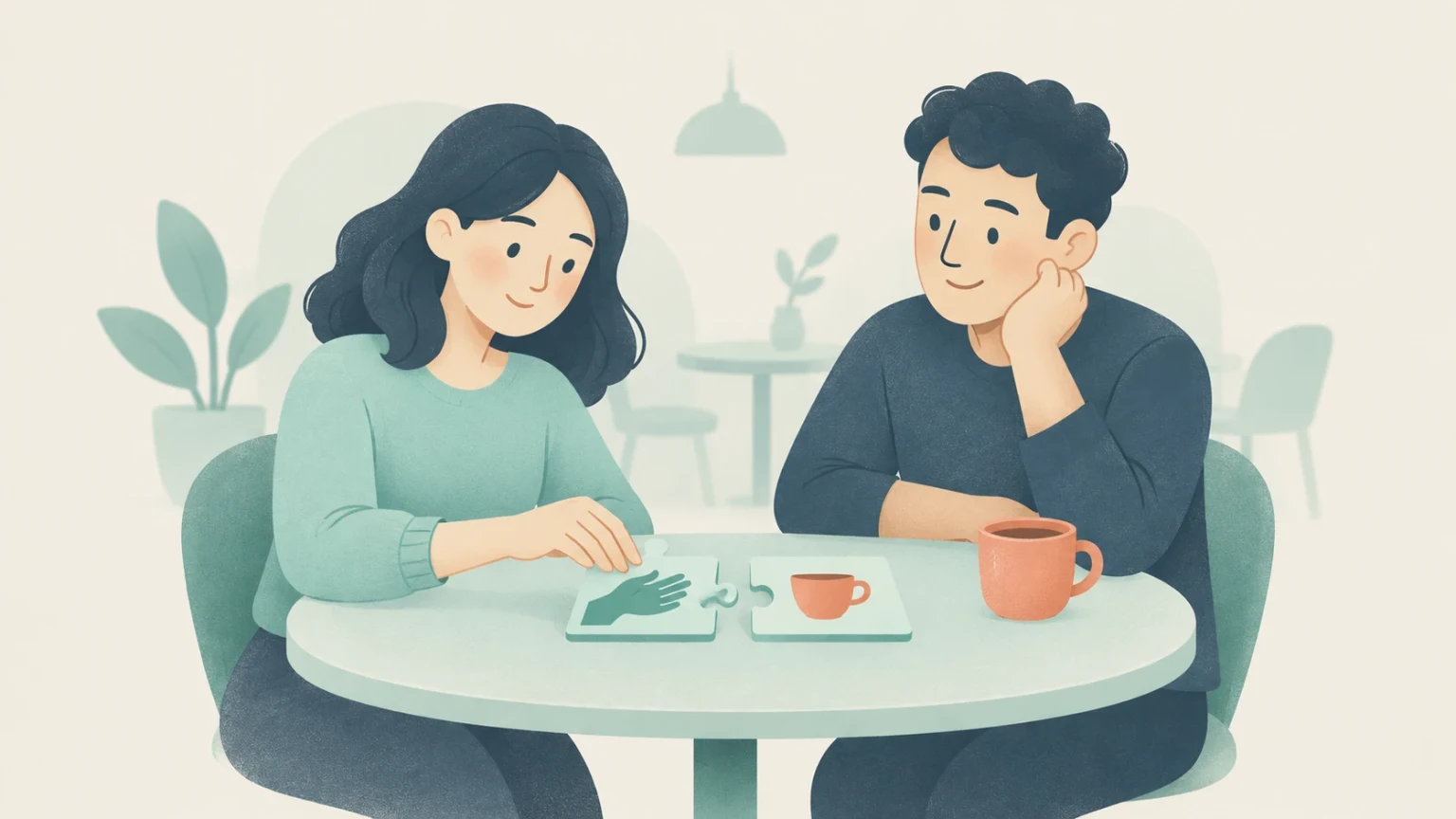 An editorial illustration of a man and woman at a cafe table connecting two puzzle pieces showing a hand and a coffee cup.
