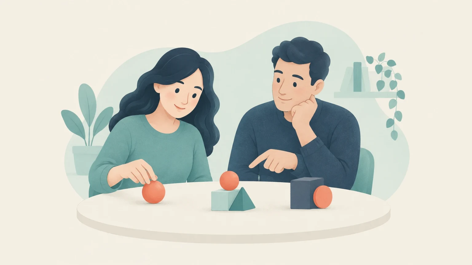 An editorial illustration of a woman and a man sitting at a round table, examining three arrangements of geometric blocks and orange spheres.