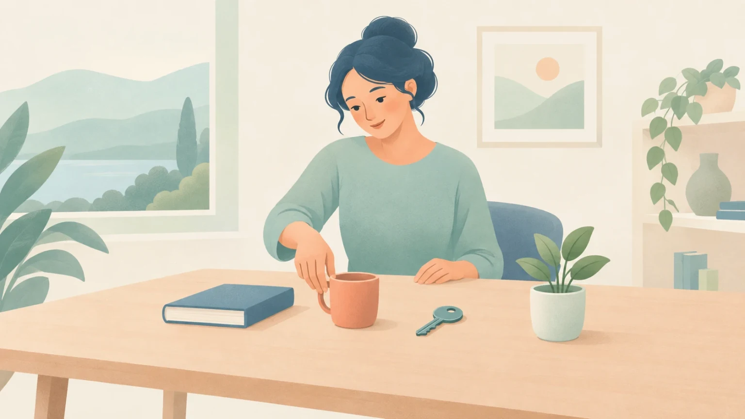 An editorial illustration of a woman sitting at a desk with a book, a coffee mug, a key, and a small potted plant.