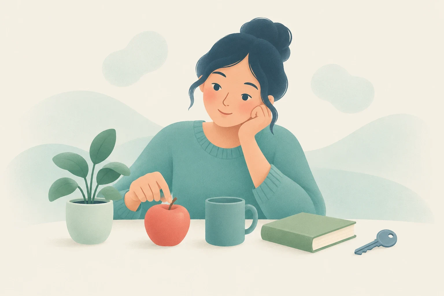 An editorial illustration of a woman at a table with concrete objects: an apple, a plant, a mug, a book, and a key.