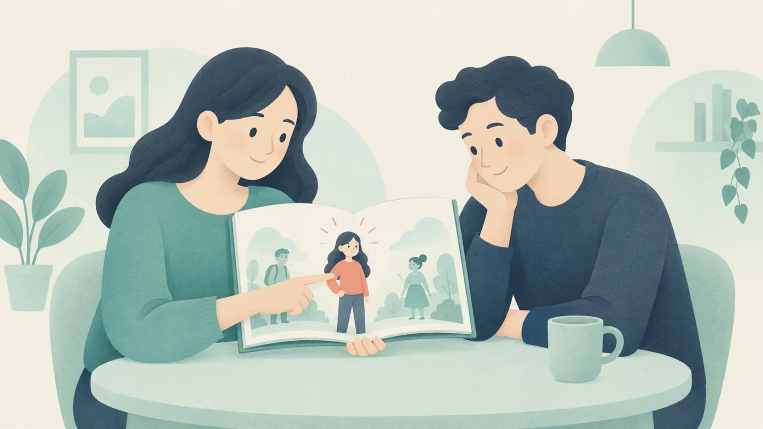 A woman points to a highlighted character in a book while discussing the story with a man at a table.