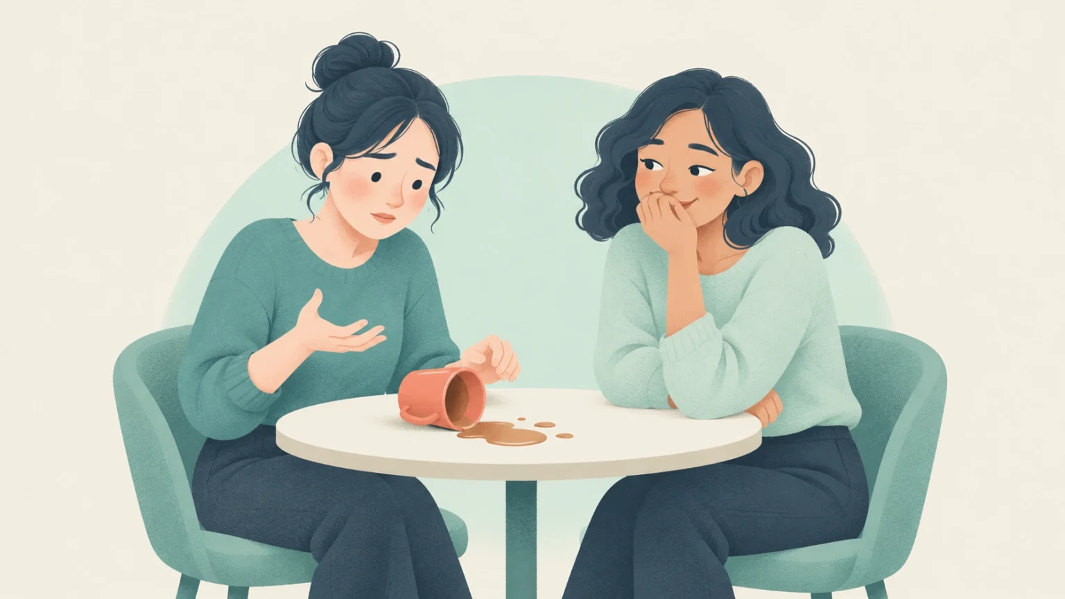 An illustration of a woman looking dismayed at her spilled mug while the woman sitting across from her stifles an amused smirk.