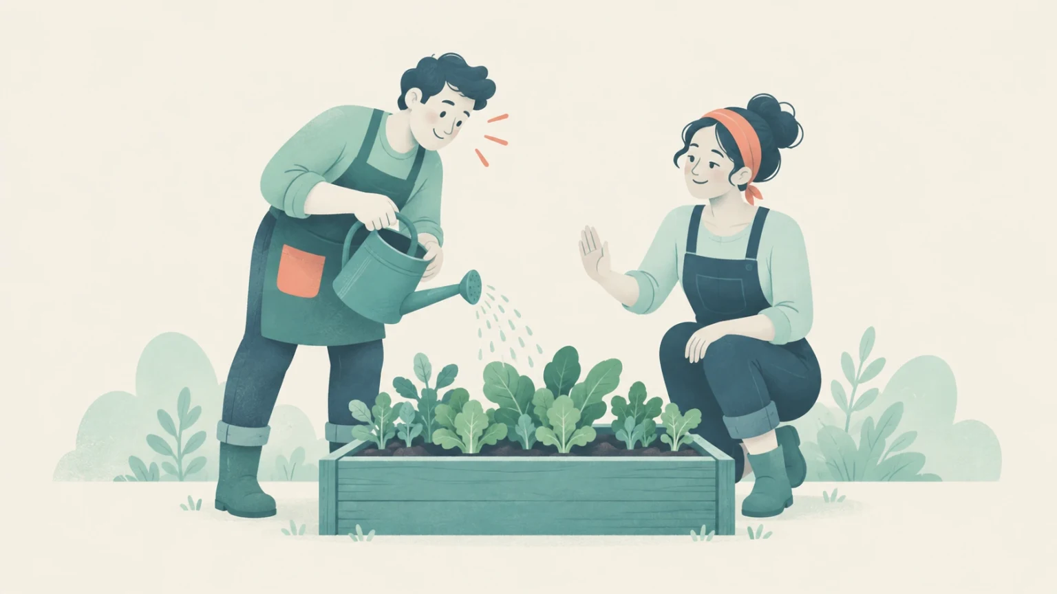 A man enthusiastically waters a raised garden bed with a watering can while a woman raises a hand to caution his zeal.