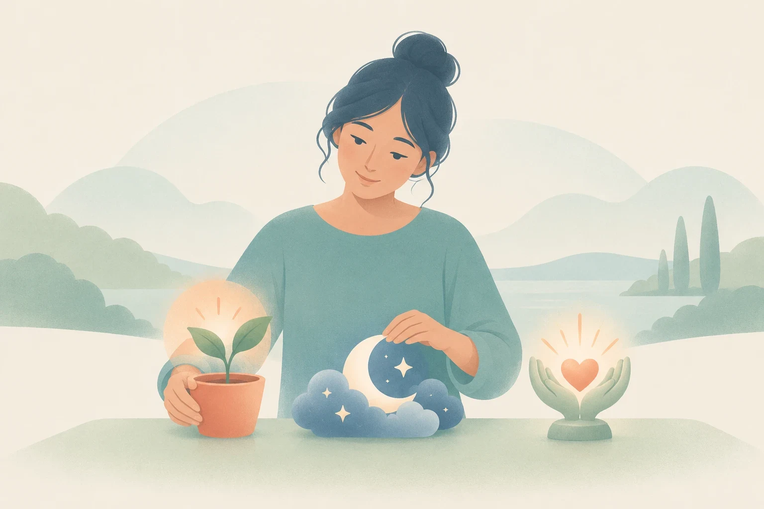An editorial illustration of a woman seated at a table with three glowing symbols: a potted plant, a crescent moon in clouds, and cupped hands holding a heart, against a serene landscape background.