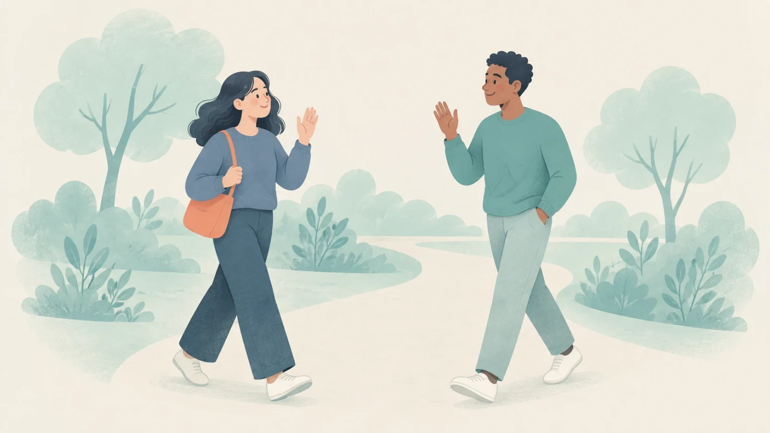 An editorial illustration of a woman and a man waving and smiling as they encounter each other on a park path.